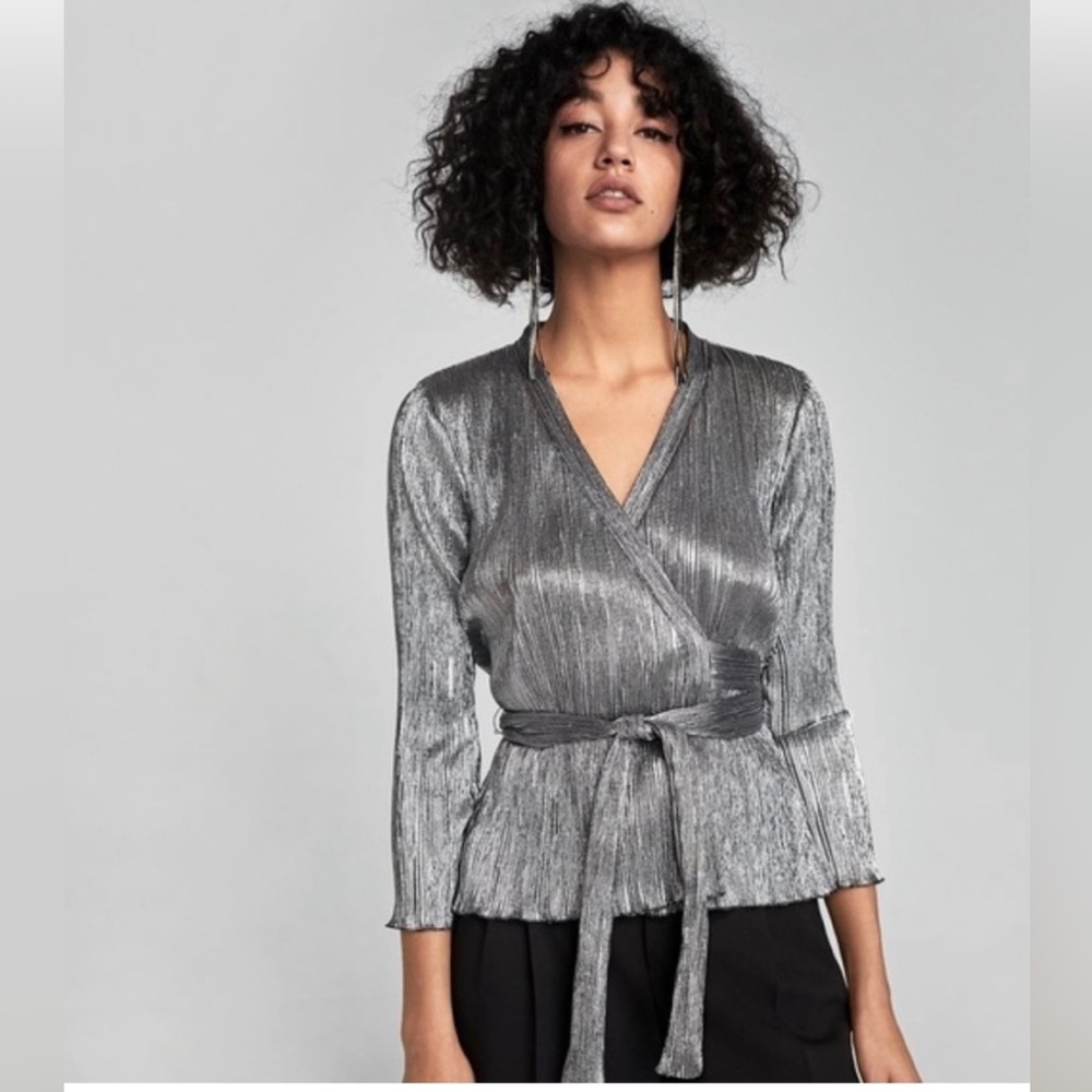 ZARA Metallic Silver Wrap Top